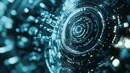 Futuristic technological sphere rotating with complex circuitry and data flow