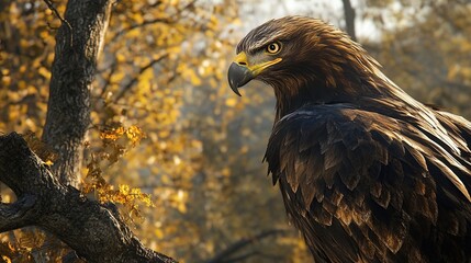 Obraz premium A close-up of a golden eagle perched on a tree branch, its sharp beak and feathers illuminated by the sun.