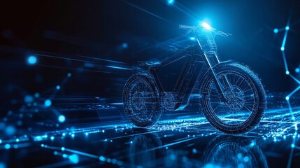 Futuristic electric bicycle moving through cyberspace with glowing blue lines