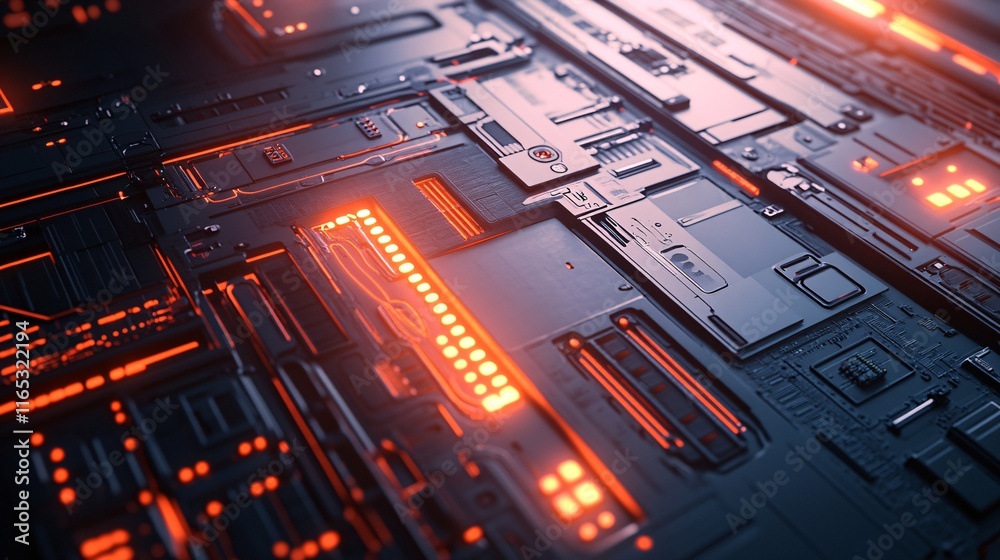 Poster Futuristic circuit board pulsating with orange light: complex system of advanced technology
