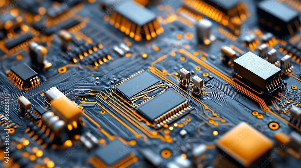 Poster electronic circuit board showing microchips and components communicating