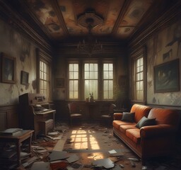 Illustration of abandoned house interior.