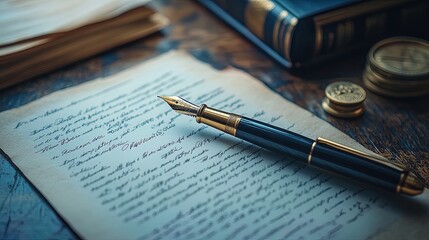 Close-up of legal documents and an elegant fountain pen, signature about to be written