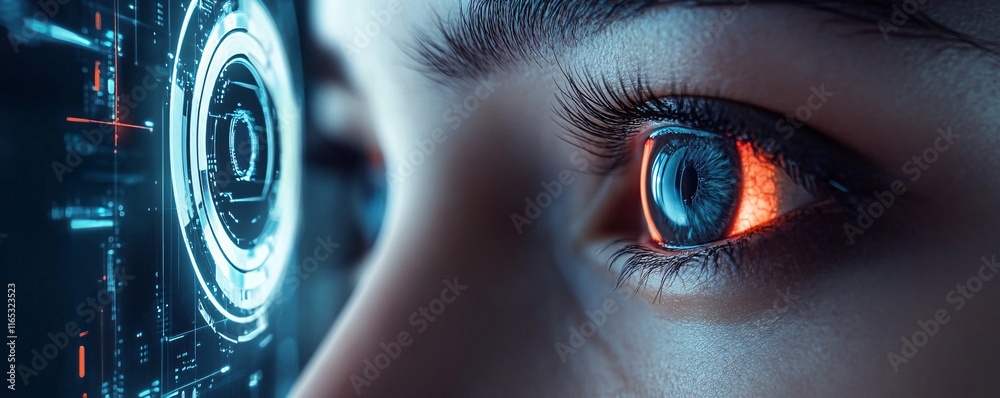 Poster woman exploring digital world through futuristic hud interface