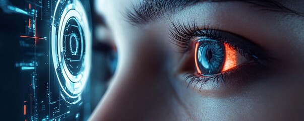 Woman exploring digital world through futuristic hud interface