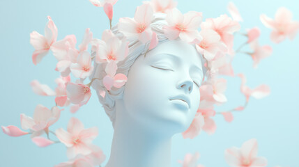 A classical sculpture of a woman's head with closed eyes, adorned with soft, delicate pink flowers. 
