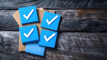 Blue Checkmarks on Sticky Notes for Task Completion on Rustic Wooden Background