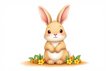 Obraz premium cartoon rabbit sitting on the ground with flowers and leaves