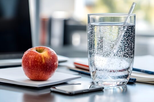 Close-up of a glass of water with condensation, a red apple on a plate, a laptop, smartphone, book, papers, and pencils on an office desk