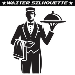 Waiter holding tray icon. Restaurant waiter, waitress, silhouette icon symbol in line and flat style.