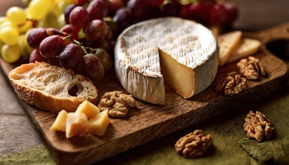 A rustic wooden board presents a delightful assortment of cheeses