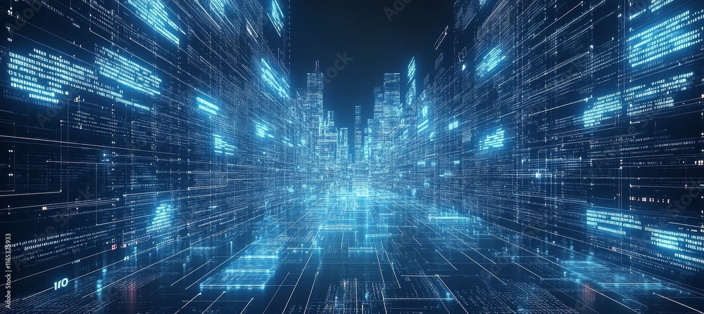 Poster virtual digital highway pathway technology with city building. cyberspace metaverse world. generativ