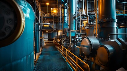 Fototapeta premium Industrial facility interior with machinery and pipes.
