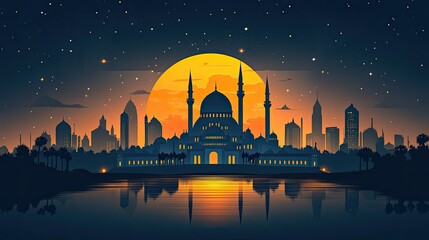 Silhouette city with mosque at sunset.