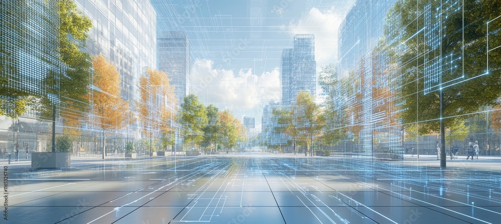 Aufkleber virtual digital highway technology with city building. cyberspace metaverse world. generative ai tec