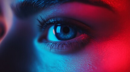 Woman's eye gazing with neon blue and red lighting