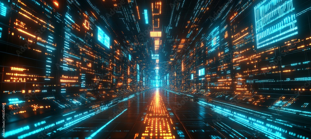 Poster Digital cyberspace virtual tunnel. Virtual data wireless transfer. Generative AI technology.	
