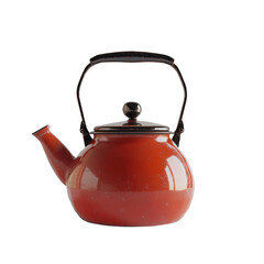 a red tea kettle with a black handle