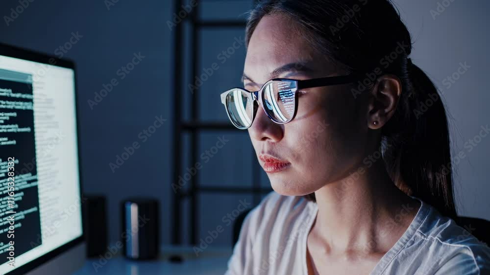 Poster young woman programming at night, focused on the computer screen as light patterns illuminate her fa