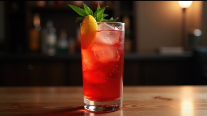 A sultry red cocktail, garnished with vibrant orange slice and delicate greens, perches on a rustic wooden table amidst a moody, blurred backdrop