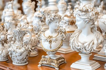 Elegant white and gold porcelain busts and vases.