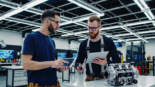 Engineers collaborate on advanced engine analysis in a high-tech workshop environment