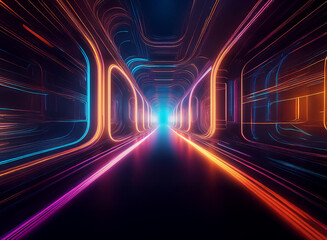 Abstract digital art depicting a vibrant, glowing neon tunnel.  The colorful lights create a sense of depth and movement within a futuristic, geometric space.