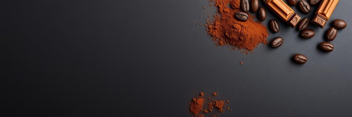 A dark and moody image featuring cocoa powder in a bowl, cocoa beans, and shattered chocolate pieces on a black background with space for text and design, texture, copy space