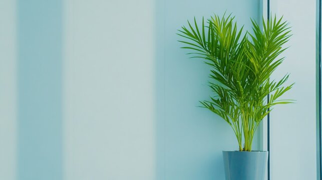 Lush Green Plant in Modern Pot Against Soft Blue Wall in Bright Room