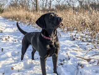 Black Labrador Retriever standing in snowy field, looking up.