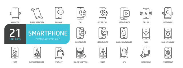 Set of line icons related to smartphone function. Outline icons collection. Editable stroke. Vector illustration.