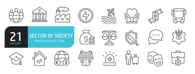 Set of line icons related to sector of society. Outline icons collection. Editable stroke. Vector illustration.