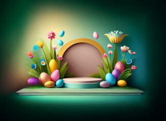 Festive Easter scene with colorful eggs, blooming flowers, and a pastel-toned podium.  Perfect for spring celebrations and product displays.