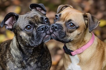 Obraz premium Two Playful Dogs Sharing a Sweet Moment in Autumn Leaves Outdoors