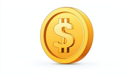 Obraz premium Realistic depiction of a shiny golden coin with a dollar symbol, isolated on a clean white background, representing wealth, investment, and financial success in modern economy