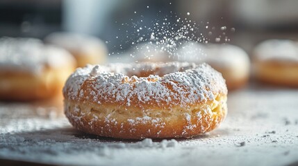 Freshly baked donut being sprinkled with powdered sugar