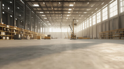 Open Warehouse with Cranes and Industrial Shelving