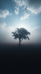 A lone tree standing tall in a misty field, shiny cloud sky, phone wallpaper.