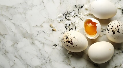 White and speckled eggshells on marble surface