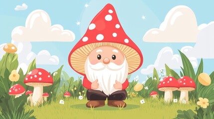 Whimsical Gnome Sitting Among Colorful Mushrooms
