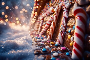 Festive gingerbread house in snow with candy canes and sprinkles.