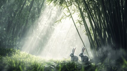 Enchanted Forest with Two White Rabbits in Soft Light Rays