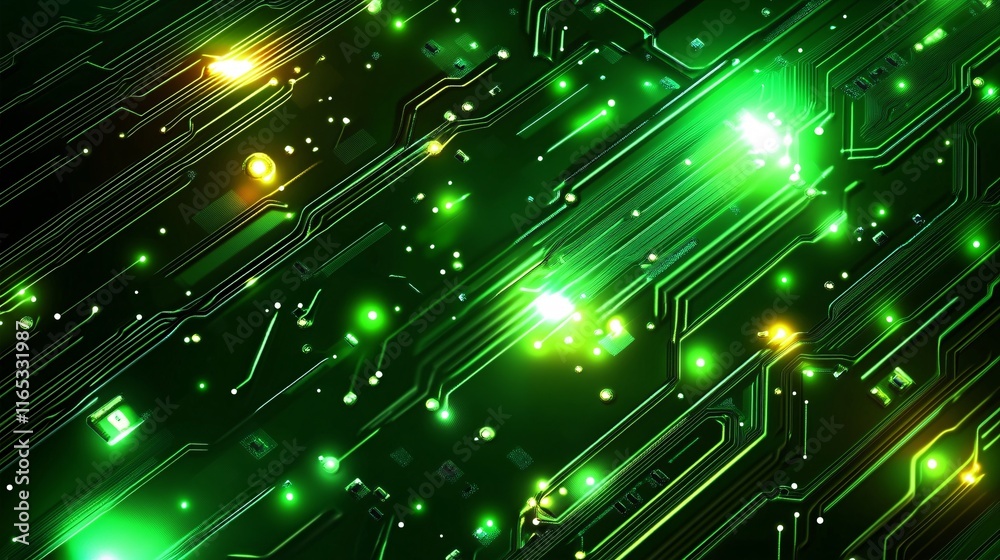 Poster Futuristic circuit board pulsating with green energy flows