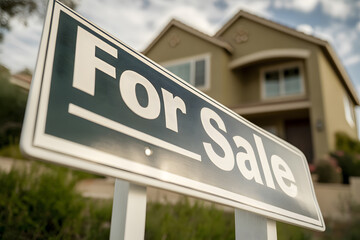 For Sale Sign on a Lawn in Front of a Modern House with Traditional Design. Real Estate Property, Mortgage, Housing Market and Home Ownership Concept.
