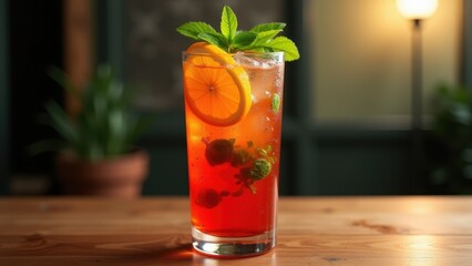 Naklejka premium A refreshing glass of iced tea garnished with a vibrant slice of orange, sprigs of fresh mint, and a wooden table setting complete with juicy raspberries at the ready