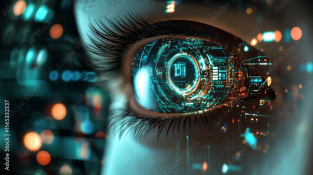 Poster futuristic cyborg eye showing digital data in augmented reality