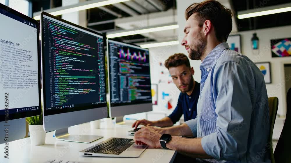 Poster Coding experts collaborate in a modern office space using multiple computer screens during a project session
