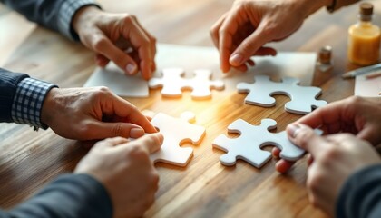 Concept of teamwork and partnership. Business hands join puzzle pieces in the office. business people putting the Jigsaw team together. Charity, volunteer. Unity, team business. business idea