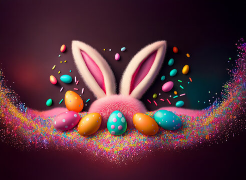 Pink bunny ears peek from colorful sprinkles and pastel Easter eggs nestled in a vibrant powder explosion against a dark background.  A festive spring scene. - Powered by Adobe