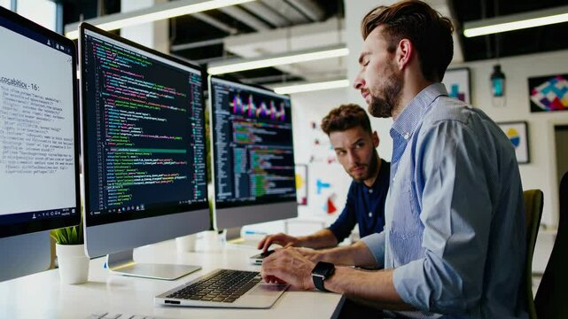 Coding experts collaborate in a modern office space using multiple computer screens during a project session